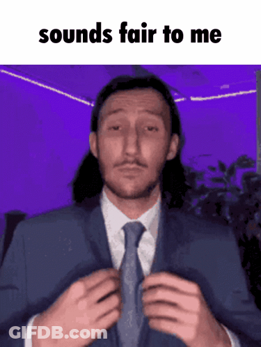 A Man In A Suit And Tie Is Adjusting His Tie With The Words Sounds Fair To Me Below Him GIF