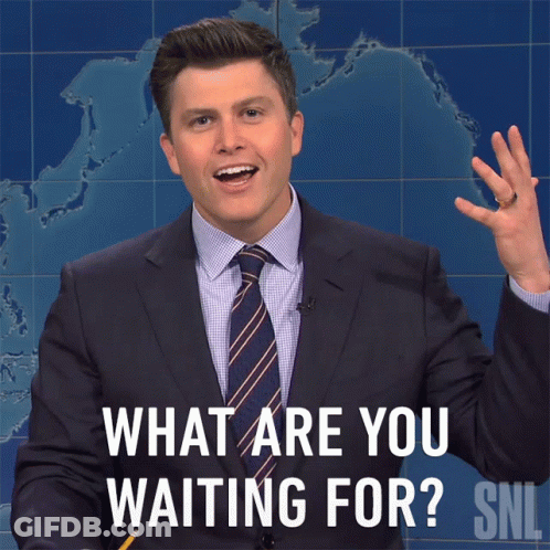 A Man In A Suit And Tie Is Asking " What Are You Waiting For " GIF
