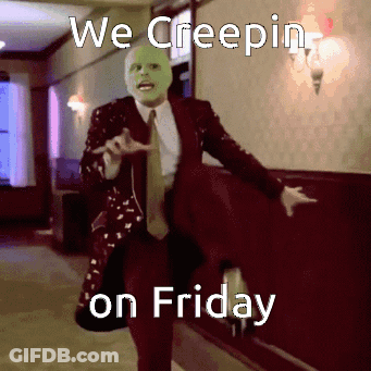 A Man In A Suit And Tie Is Dancing In A Hallway With The Words We Creepin On Friday GIF