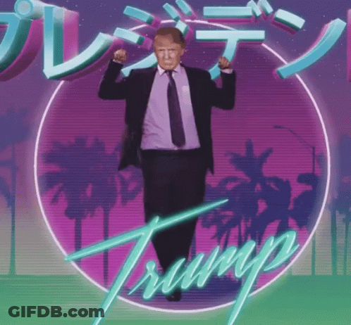 A Man In A Suit And Tie Is Dancing In Front Of A Circle That Says Trump GIF