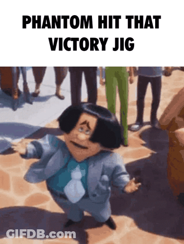 A Man In A Suit And Tie Is Dancing In Front Of A Crowd And Says Phantom Hit That Victory Jig GIF