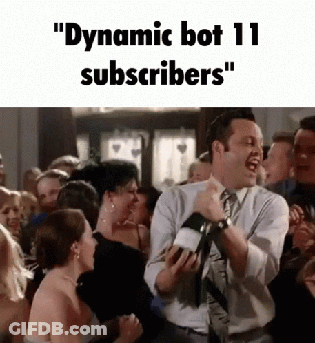 A Man In A Suit And Tie Is Dancing In Front Of A Crowd Of People With The Words " Dynamic Bot 11 Subscribers " GIF