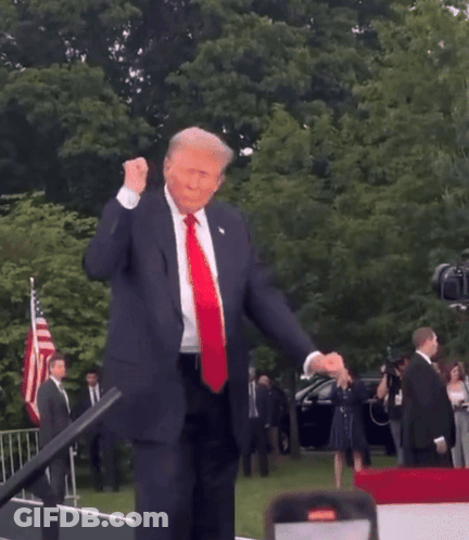 A Man In A Suit And Tie Is Dancing In Front Of A Flag GIF