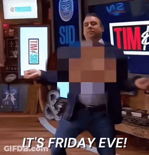 A Man In A Suit And Tie Is Dancing In Front Of A Screen That Says It 'S Friday Eve GIF