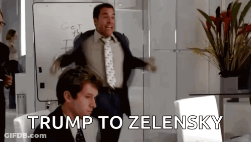 A Man In A Suit And Tie Is Dancing In Front Of A Whiteboard That Says Trump To Zelensky GIF