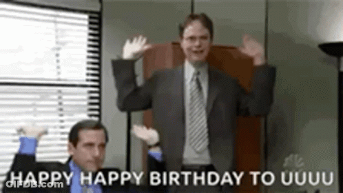 A Man In A Suit And Tie Is Dancing In Front Of A Window With The Words Happy Happy Birthday To Uuuu Written Below Him . GIF