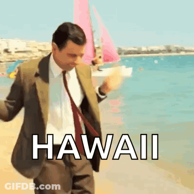 A Man In A Suit And Tie Is Dancing On A Beach With The Word Hawaii Written On The Bottom GIF