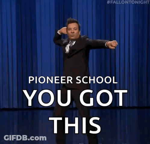 A Man In A Suit And Tie Is Dancing On A Stage And Says Pioneer School You Got This . GIF
