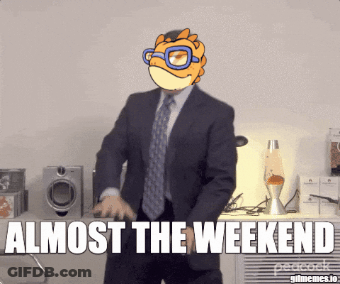 A Man In A Suit And Tie Is Dancing With The Words " Almost The Weekend " Below Him GIF