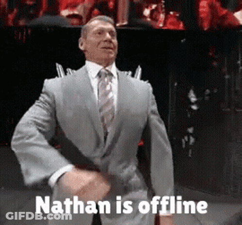 A Man In A Suit And Tie Is Dancing With The Words Nathan Is Offline Above Him GIF