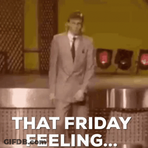 A Man In A Suit And Tie Is Dancing With The Words That Friday Feeling Behind Him . GIF