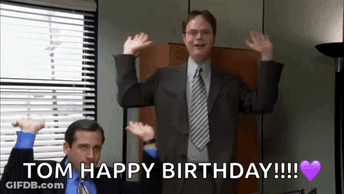 A Man In A Suit And Tie Is Dancing With The Words Tom Happy Birthday Written Below Him GIF