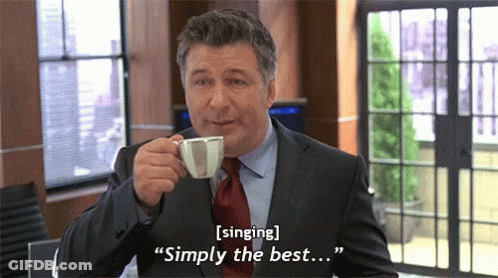 A Man In A Suit And Tie Is Drinking A Cup Of Coffee And Says " Singing Simply The Best ... " GIF