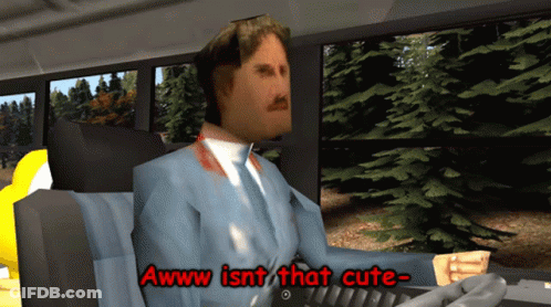 A Man In A Suit And Tie Is Driving A Bus And Says " Awww Isn't That Cute " GIF