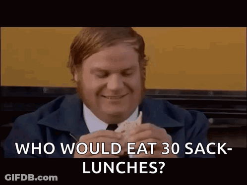 A Man In A Suit And Tie Is Eating A Sandwich And Asking Who Would Eat 30 Sack Lunches . GIF