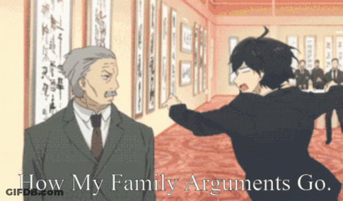 A Man In A Suit And Tie Is Fighting Another Man In A Room With The Words " How My Family Arguments Go " Below Him GIF
