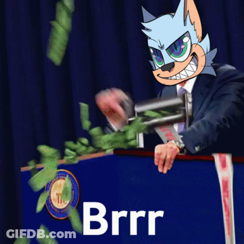 A Man In A Suit And Tie Is Giving A Speech While Money Is Falling Around Him And The Word Brrr Is On The Bottom GIF