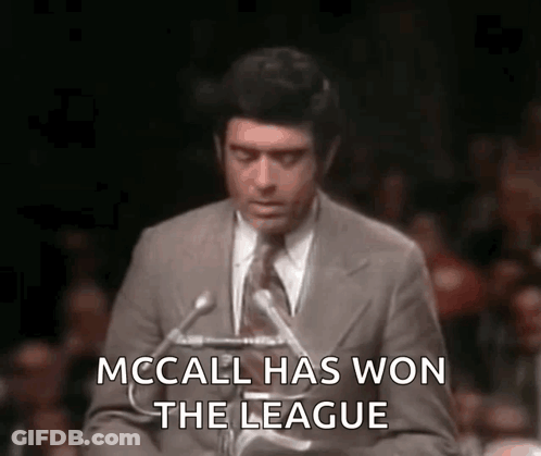 A Man In A Suit And Tie Is Giving A Speech With The Words Mccall Has Won The League GIF