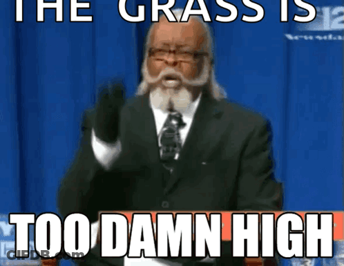 A Man In A Suit And Tie Is Giving A Speech With The Words " The Grass Is Too Damn High " Above Him GIF