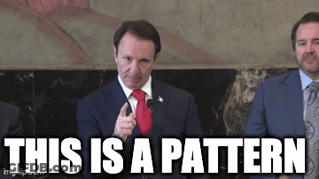 A Man In A Suit And Tie Is Giving A Speech With The Words " This Is A Pattern " Below Him GIF