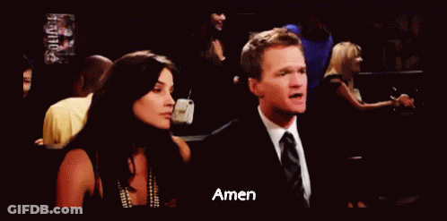 A Man In A Suit And Tie Is Giving A Woman A High Five And The Word Amen Is On The Bottom Right GIF
