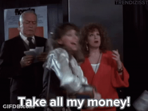 A Man In A Suit And Tie Is Holding A Bunch Of Money While A Woman In A Red Jacket Says Take All My Money GIF