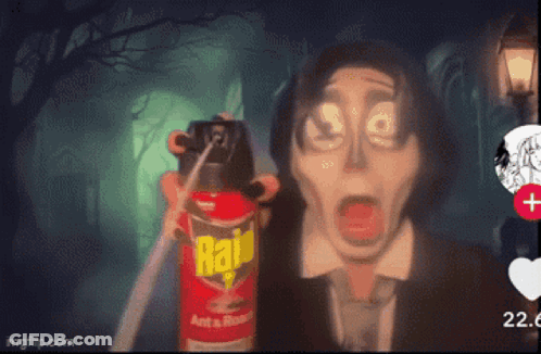 A Man In A Suit And Tie Is Holding A Can Of Rat Killer GIF