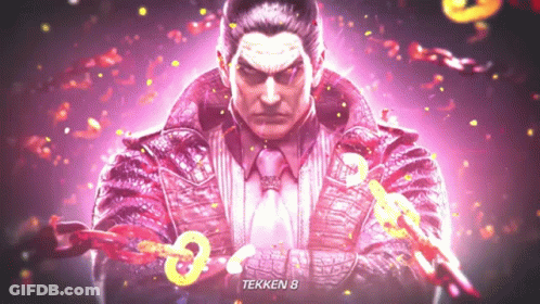 A Man In A Suit And Tie Is Holding A Chain And The Word Tekken 8 Is On The Bottom Of The Screen GIF