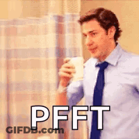 A Man In A Suit And Tie Is Holding A Cup Of Coffee And Says `` Pfft '' . GIF