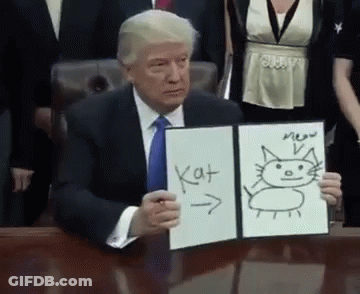 A Man In A Suit And Tie Is Holding A Drawing Of A Cat With The Word Kat Written On It GIF