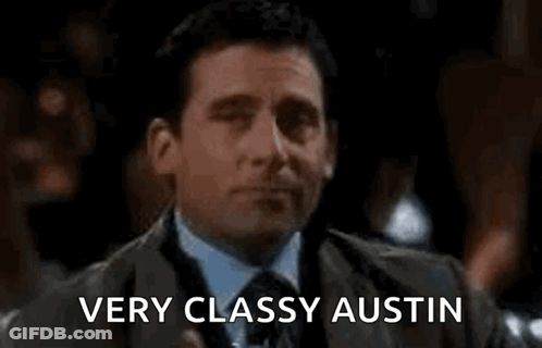 Man In Suit Holding Water Saying Very Classy Austin GIF