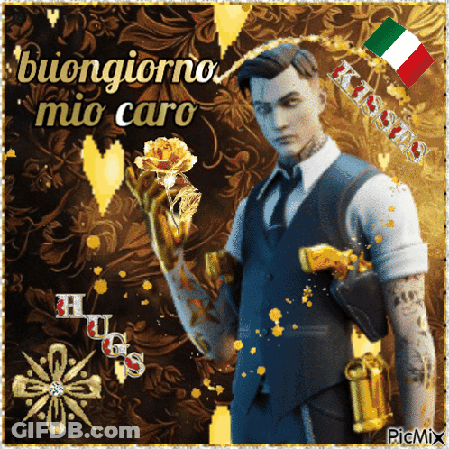 A Man In A Suit And Tie Is Holding A Gold Rose With The Words Buongiorno Mio Caro Above Him GIF