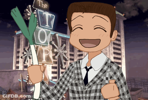 A Man In A Suit And Tie Is Holding A Green Stick In Front Of A Sign That Says The I Love Vegas GIF
