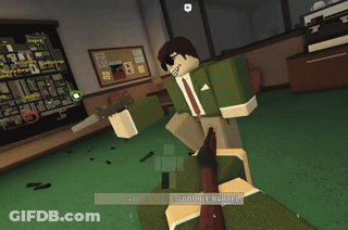 A Man In A Suit And Tie Is Holding A Gun In A Video Game With The Words Double Barrel At The Bottom GIF