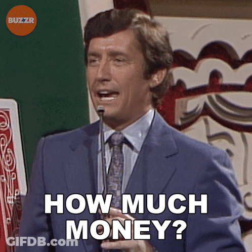 A Man In A Suit And Tie Is Holding A Microphone And Asking How Much Money GIF