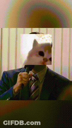 A Man In A Suit And Tie Is Holding A Microphone With A Cat Behind His Face GIF