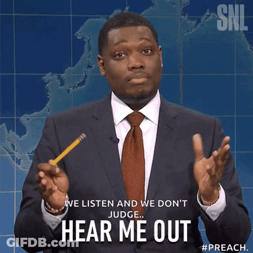 A Man In A Suit And Tie Is Holding A Pencil And Says " Hear Me Out " GIF