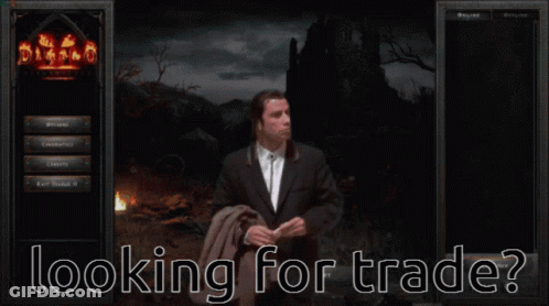 A Man In A Suit And Tie Is Holding A Piece Of Paper In Front Of A Screen That Says Looking For Trade GIF