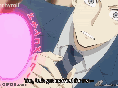 A Man In A Suit And Tie Is Holding A Pink Heart And Says " Yor Let 'S Get Married For Rea " GIF