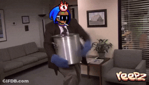 A Man In A Suit And Tie Is Holding A Pot In A Room With Yeez Written On The Bottom Right GIF