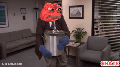 A Man In A Suit And Tie Is Holding A Pot With A Frog Head On His Head GIF
