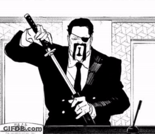 A Man In A Suit And Tie Is Holding A Sword In His Hand . GIF