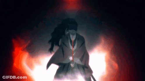 A Man In A Suit And Tie Is Holding A Sword In The Dark GIF