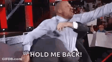 A Man In A Suit And Tie Is Holding Another Man In A Wrestling Match And Says `` Hold Me Back '' . GIF