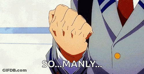 A Man In A Suit And Tie Is Holding His Fist Up In The Air And Saying `` So ... Manly ... '' . GIF