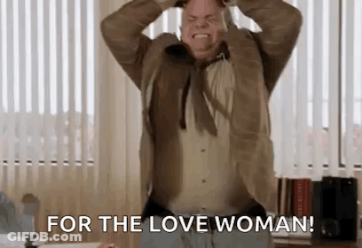 A Man In A Suit And Tie Is Holding His Head In His Hands And Saying `` For The Love Woman ! '' GIF