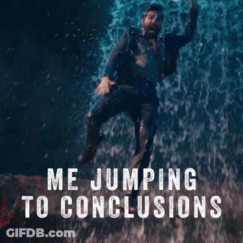 A Man In A Suit And Tie Is Jumping In The Water With The Words Me Jumping To Conclusions GIF
