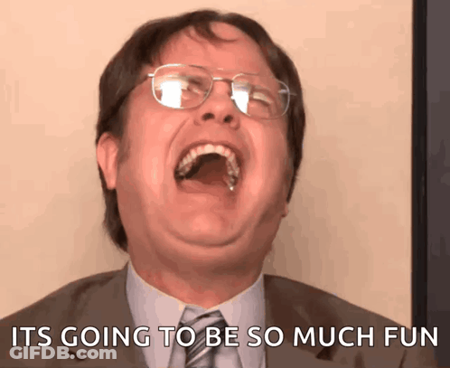A Man In A Suit And Tie Is Laughing With The Words It 'S Going To Be So Much Fun Behind Him GIF