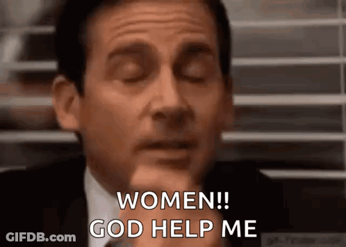 A Man In A Suit And Tie Is Making A Face And Saying `` Women ! God Help Me '' . GIF