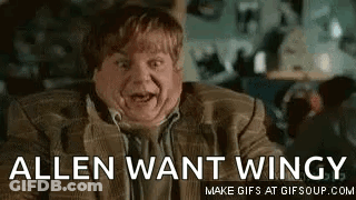 A Man In A Suit And Tie Is Making A Funny Face And Saying `` Allen Want Wings '' . GIF